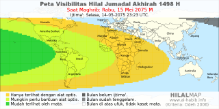 HilalMap: Peta Visibilitas Hilal Jumadal-Akhirah 1498 H: rukyat tanggal 2075-5-15 M