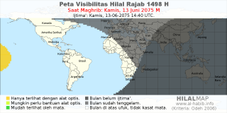 HilalMap: Peta Visibilitas Hilal Rajab 1498 H: rukyat tanggal 2075-6-13 M