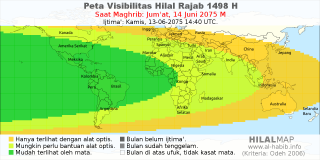 HilalMap: Peta Visibilitas Hilal Rajab 1498 H: rukyat tanggal 2075-6-14 M