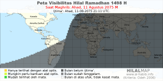 HilalMap: Peta Visibilitas Hilal Ramadhan 1498 H: rukyat tanggal 2075-8-11 M