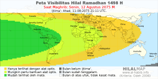 HilalMap: Peta Visibilitas Hilal Ramadhan 1498 H: rukyat tanggal 2075-8-12 M