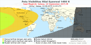 HilalMap: Peta Visibilitas Hilal Syawwal 1498 H: rukyat tanggal 2075-9-10 M