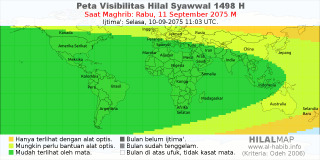 HilalMap: Peta Visibilitas Hilal Syawwal 1498 H: rukyat tanggal 2075-9-11 M