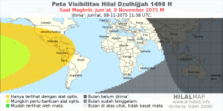 HilalMap: Peta Visibilitas Hilal Dzulhijjah 1498 H: rukyat tanggal 2075-11-8 M