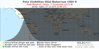 HilalMap: Peta Visibilitas Hilal Muharram 1499 H: rukyat tanggal 2075-12-7 M