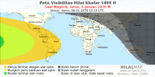 HilalMap: Peta Visibilitas Hilal Shafar 1499 H: rukyat tanggal 2076-1-6 M