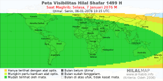 HilalMap: Peta Visibilitas Hilal Shafar 1499 H: rukyat tanggal 2076-1-7 M