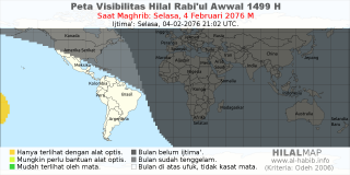 HilalMap: Peta Visibilitas Hilal Rabiul-Awwal 1499 H: rukyat tanggal 2076-2-4 M