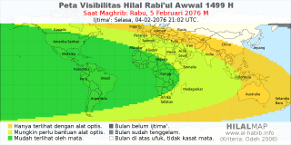 HilalMap: Peta Visibilitas Hilal Rabiul-Awwal 1499 H: rukyat tanggal 2076-2-5 M