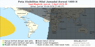 HilalMap: Peta Visibilitas Hilal Jumadal-Awwal 1499 H: rukyat tanggal 2076-4-3 M