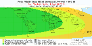 HilalMap: Peta Visibilitas Hilal Jumadal-Awwal 1499 H: rukyat tanggal 2076-4-4 M