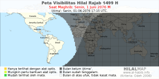 HilalMap: Peta Visibilitas Hilal Rajab 1499 H: rukyat tanggal 2076-6-1 M