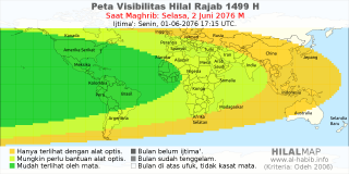 HilalMap: Peta Visibilitas Hilal Rajab 1499 H: rukyat tanggal 2076-6-2 M