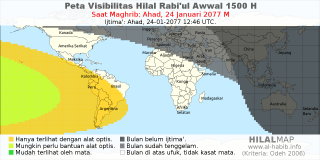 HilalMap: Peta Visibilitas Hilal Rabiul-Awwal 1500 H: rukyat tanggal 2077-1-24 M