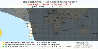 HilalMap: Peta Visibilitas Hilal Rabiul-Akhir 1500 H: rukyat tanggal 2077-2-22 M