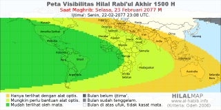 HilalMap: Peta Visibilitas Hilal Rabiul-Akhir 1500 H: rukyat tanggal 2077-2-23 M