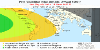 HilalMap: Peta Visibilitas Hilal Jumadal-Awwal 1500 H: rukyat tanggal 2077-3-24 M