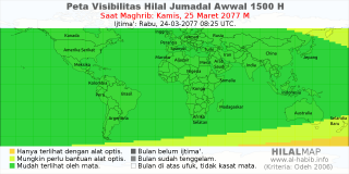 HilalMap: Peta Visibilitas Hilal Jumadal-Awwal 1500 H: rukyat tanggal 2077-3-25 M