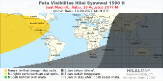 HilalMap: Peta Visibilitas Hilal Syawwal 1500 H: rukyat tanggal 2077-8-18 M