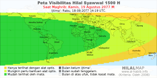 HilalMap: Peta Visibilitas Hilal Syawwal 1500 H: rukyat tanggal 2077-8-19 M