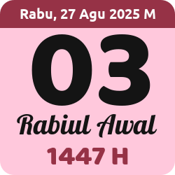 tanggal hijriyah hari ini, 2025-8-27 M, adalah 3 Rabi'ul Awal 1447 H
