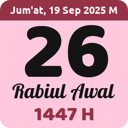 tanggal hijriyah hari ini, 2025-9-19 M, adalah 26 Rabi'ul Awal 1447 H