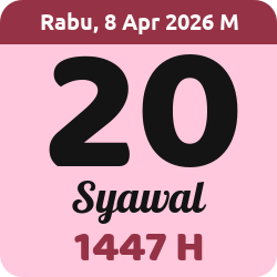 tanggal hijriyah hari ini, 2026-4-08 M, adalah 20 Syawal 1447 H