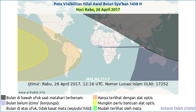 Pada hari Rabu, 26 April 2017 bulan sabit awal Sya'ban 1438 H akan sulit dilihat dengan mata di hampir seluruh belahan dunia. Hanya wilayah lautan Pasifik di sebelah barat Benua Amerika yang mungin melihat bulan sabit ini dengan bantuan alat optis.