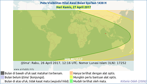 Peta visibilitas hilal Sya'ban 1437 H, pada hari Kamis, 27 April 2017. Hampir seluruh wilayah dunia akan bisa menyaksikan hilal awal Sya'ban 1437 H. Dengan demikian 1 Sya'ban 1438 H jatuh pada Jum'at, 28 April 2017 M.