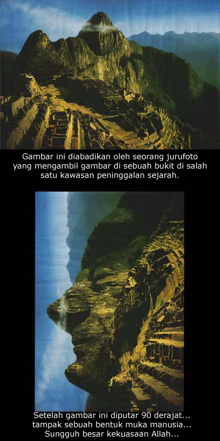 Gambar yang diklaim sebagai bukti kebesaran Allah. Sebuah bukit yang ketika diputar 90 derajat menampilkan wajah manusia - Sang Budha!